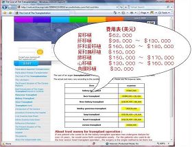 中国医科大学第一附属医院的国际移植（中国）网络支援中心的费用表(该网站已关闭，截图来自国际互联网档案中心备份http://web.archive.org/web/20060422143018/en.zoukiishoku.com/list/cost.htm)