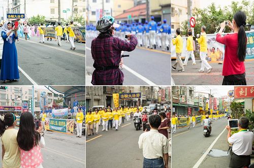 '法轮功学员游行走过之处，有不少民众拿起手机、相机拍照录影。'