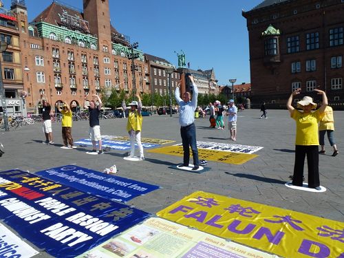 学员们在市政厅广场上拉开横幅和展板，并展示功法