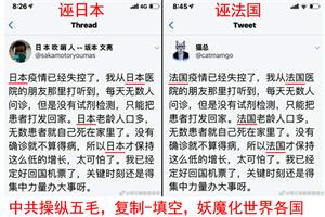 图5：海外自媒体上，集中搜索到大量雷同的谣言，被揭露为中共五毛的统一行动，祸乱各国（推特截图2）