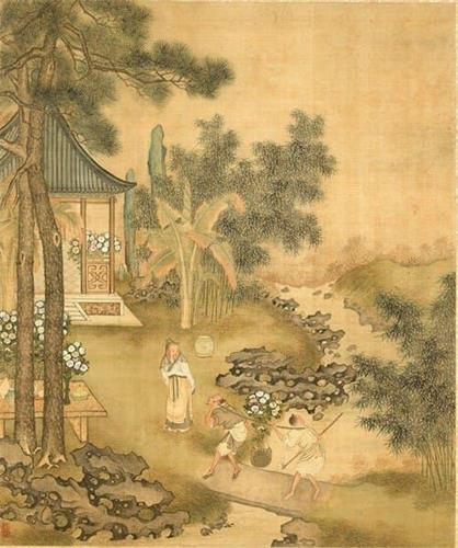 '寒露的第十天前后，黄菊盛开。（清 庄瑗《人物画卌・册・高士移菊图》，台北故宫博物院）'